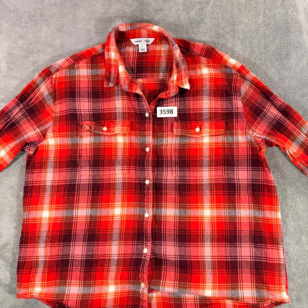 Old Navy Button Down Shirt Womens L Red Plaid The Boyfriend Shirt 751722-16